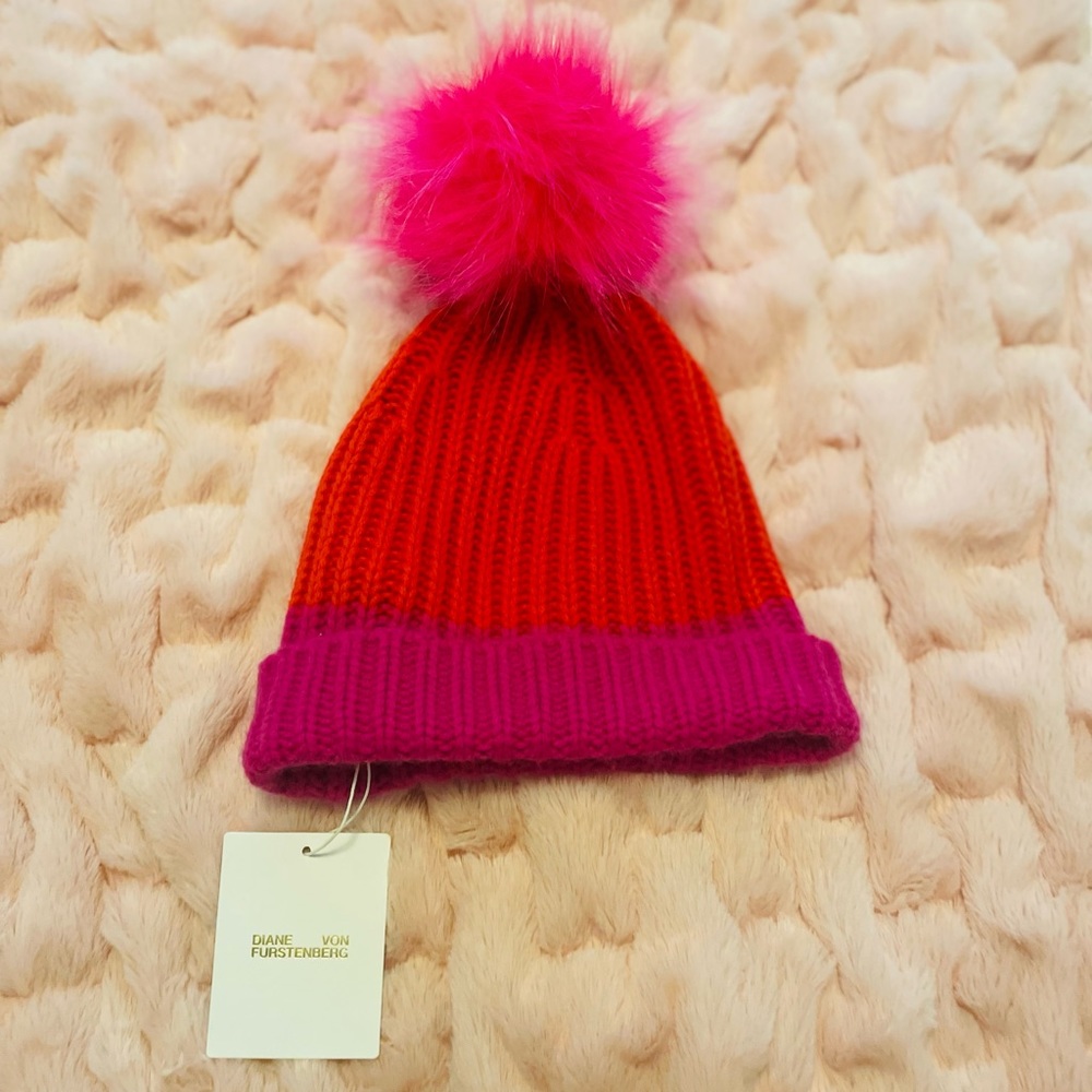 DVF Allegra Pom Pom Beanie in Aurora Red Multi NWT